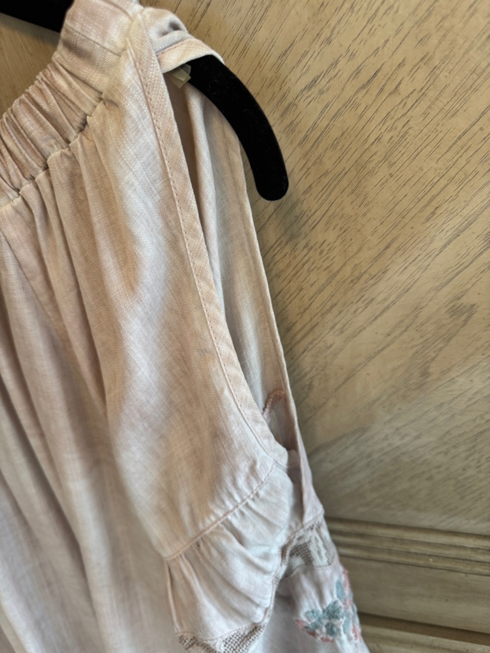 Light Blush Off-the-Shoulder Boho Top with Embroidered Sleeves - Picture 3 of 5